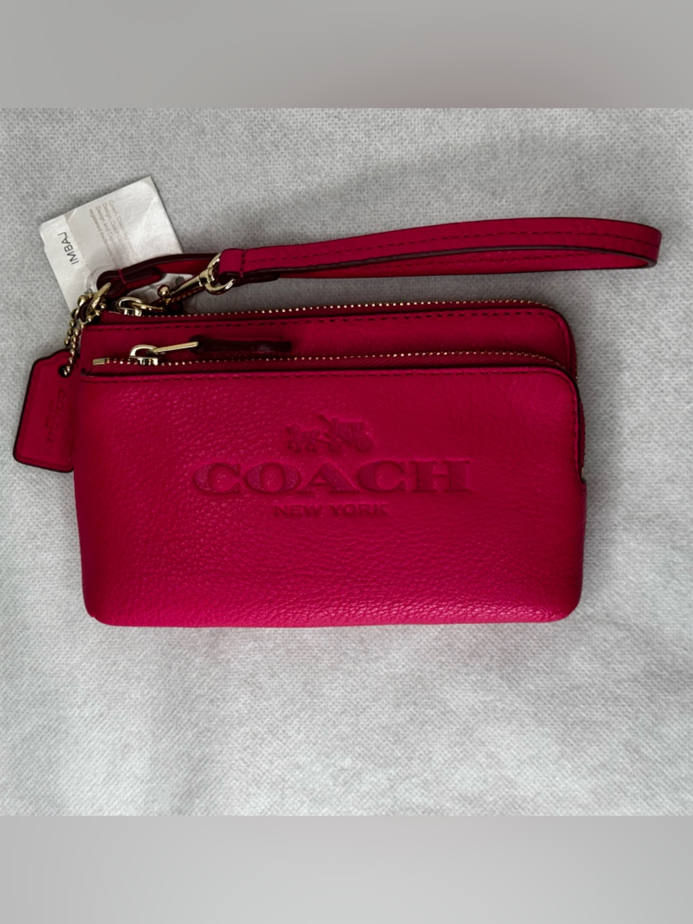 NWT Coach Double Corner Zip Hot Pink Pebble Leather Wristlet F52556 Embossed
